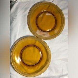 8 3/20” Tiffin Franciscan Amber Glass Gold Trimmed Clear Glass Plates Set of 2